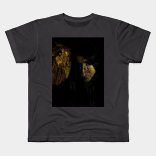 Portrait, collage, special processing. Man, dark costume, long hair, looking down. On left demon of gold. Gold. Kids T-Shirt